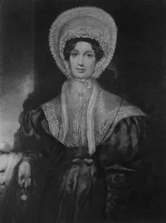 An engraving of a Georgian woman in a large bonnet.