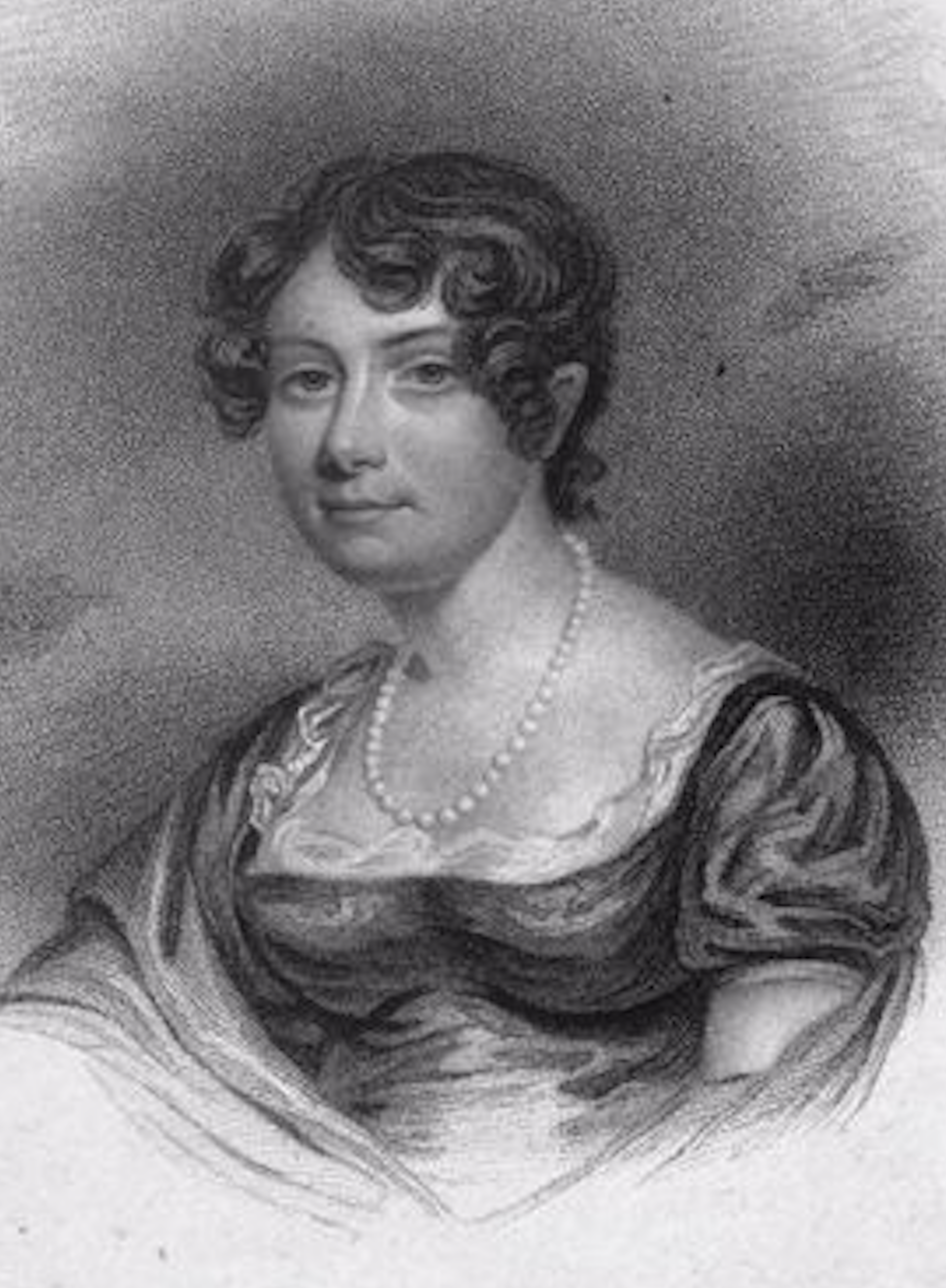 A sketching of a Georgian woman with a pearl necklace.