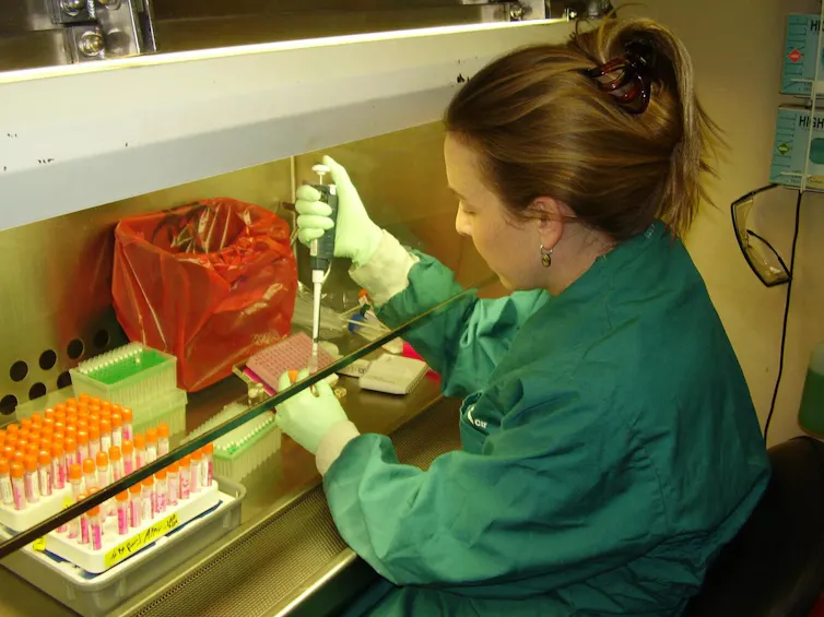 USGS National Wildlife Health Center laboratory technician preparing avian samples for avian influenza testing