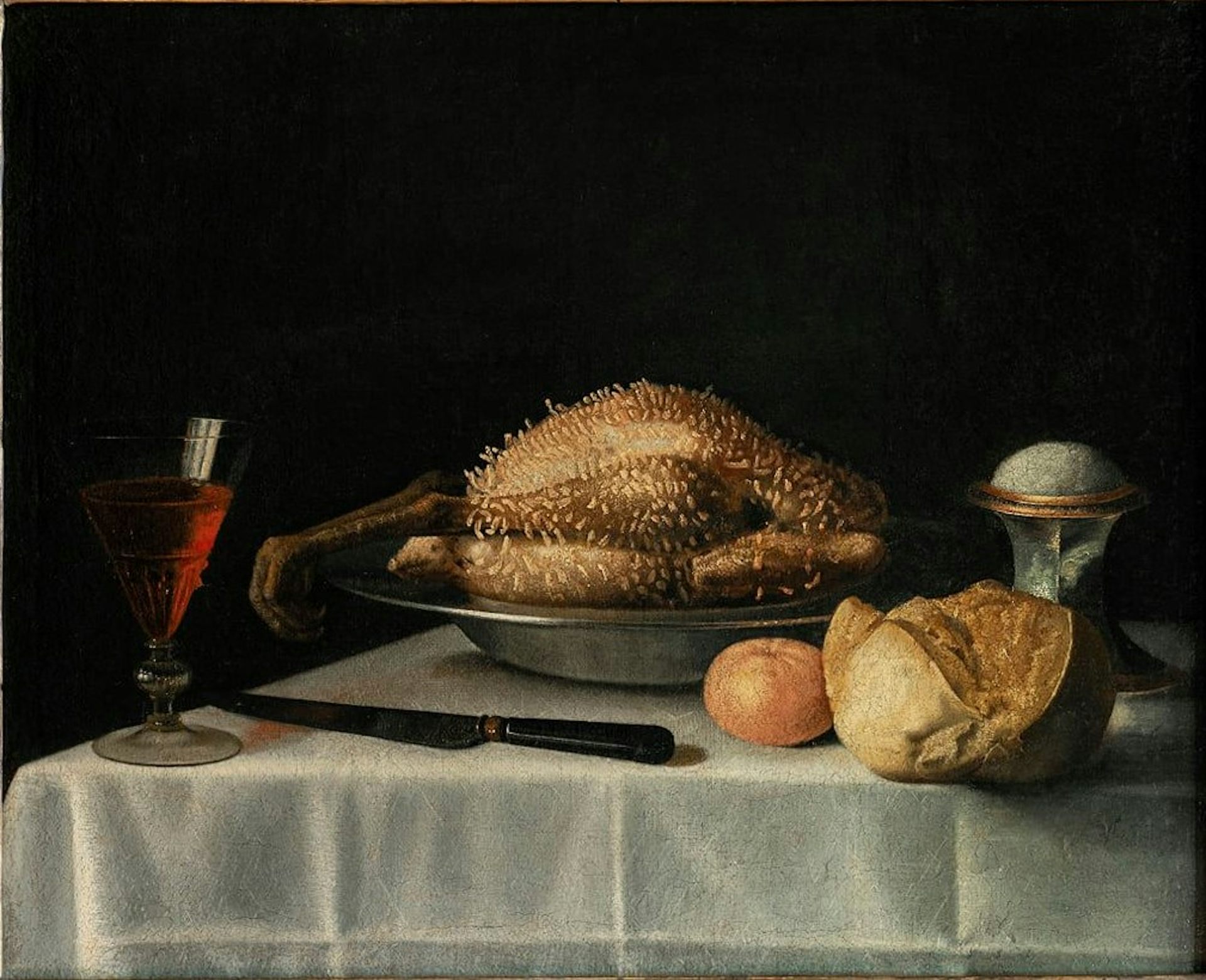 Tableau -- Nature morte à la volaille, lardée, salière et verre de vin