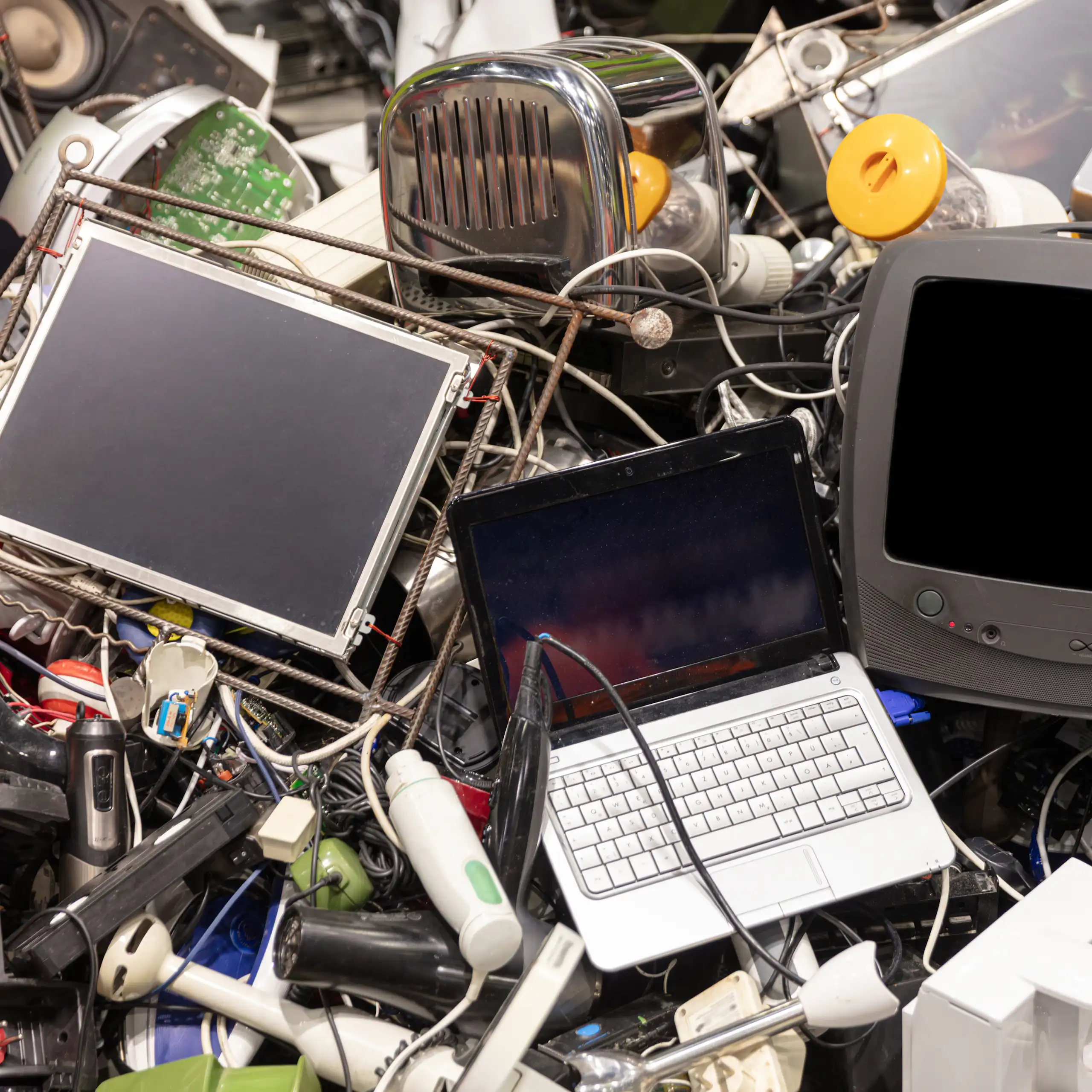 aparelhos eletrônicos velhos empilhados para reciclagem