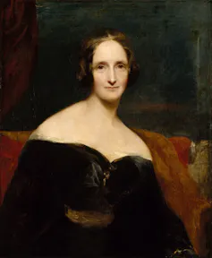 A painting of a woman looking directly at the viewer.