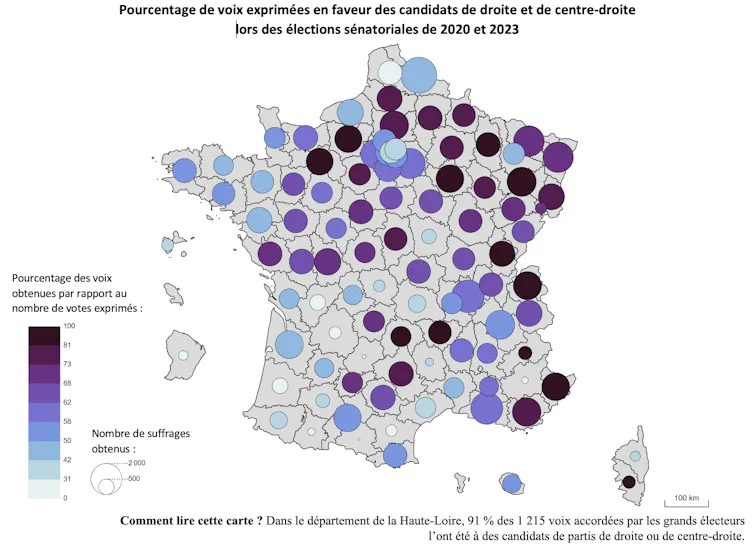 Pourcentage de voix exprimées en faveur des candidats de droite et de centre droit lors des élections sénatoriales de 2020 et de 2023