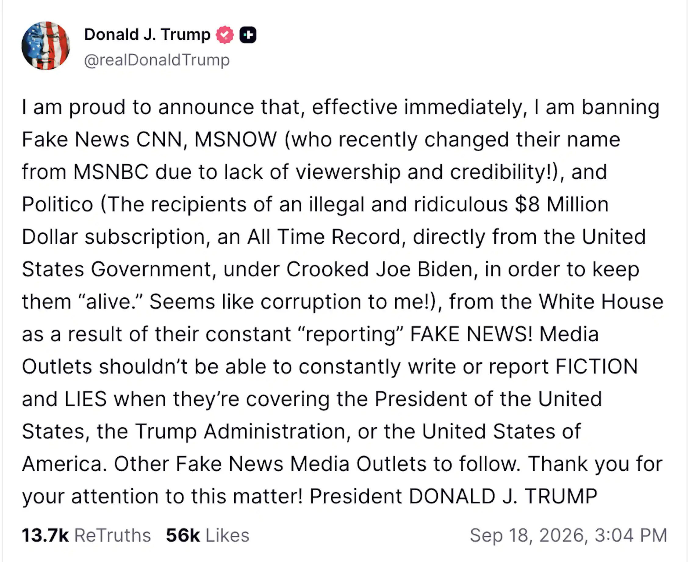 A screenshot of a social media post from Donald Trump