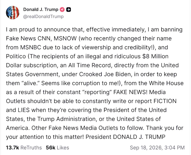 A screenshot of a social media post from Donald Trump's account.