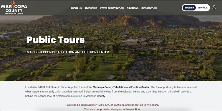 A screenshot of a webpage from the Maricopa County Recorder's office, offering public tours of election and tabulation sites.