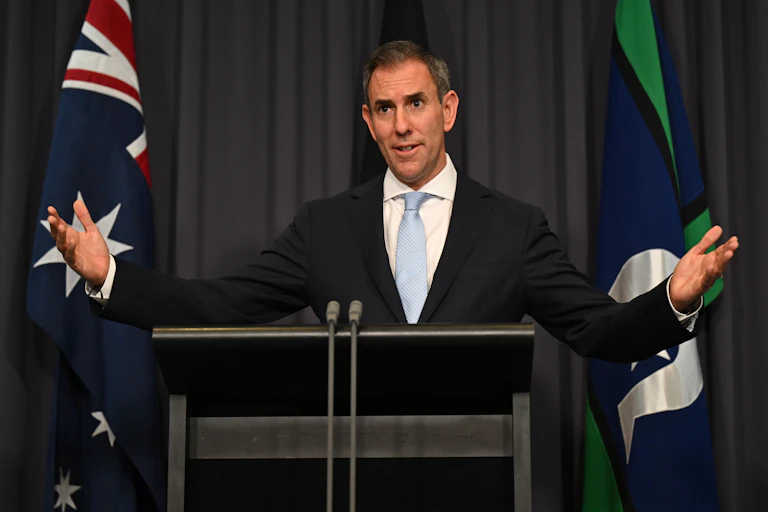 Australian Treasurer Jim Chalmers speaks to media