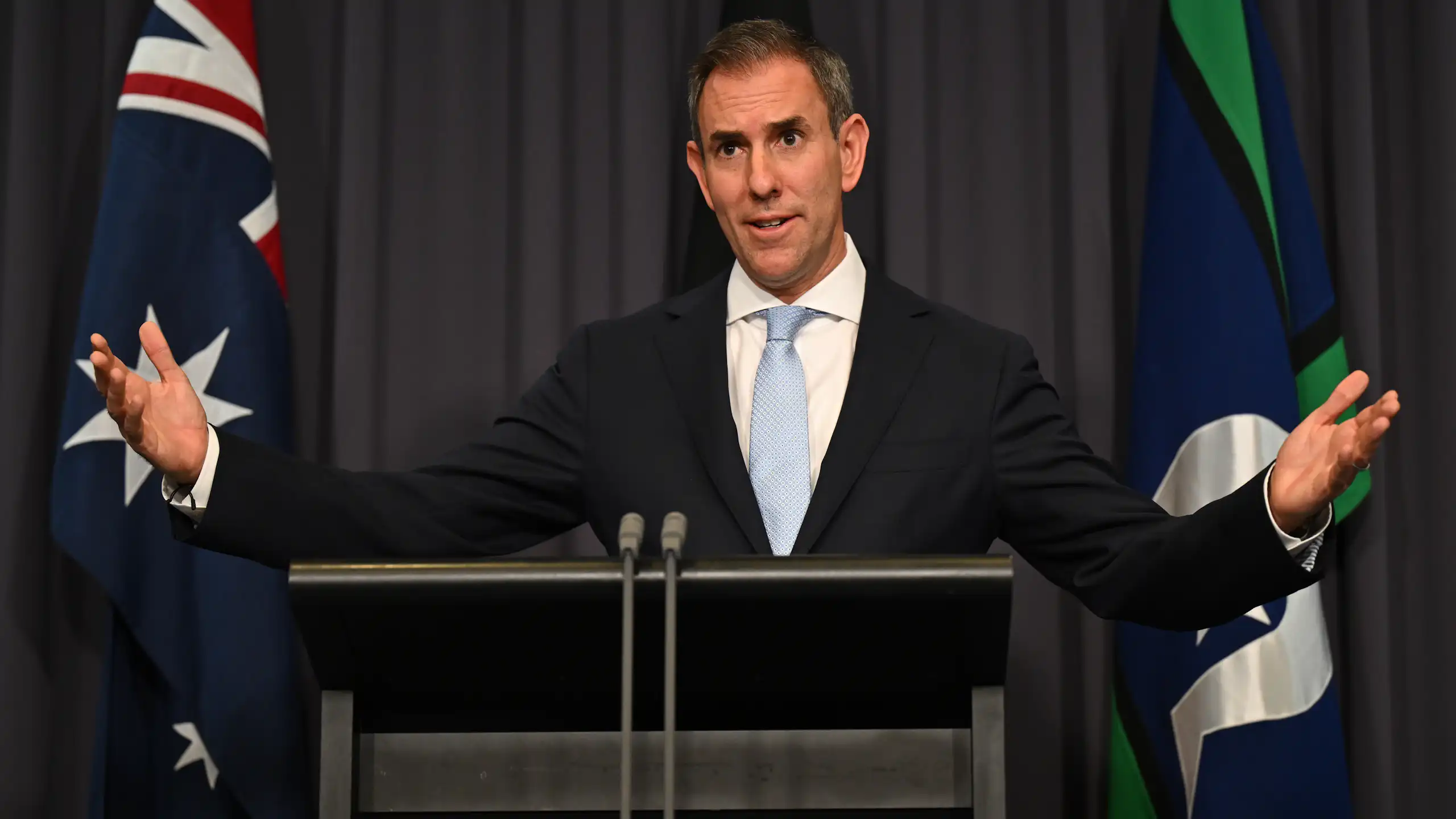 Australian Treasurer Jim Chalmers speaks to media
