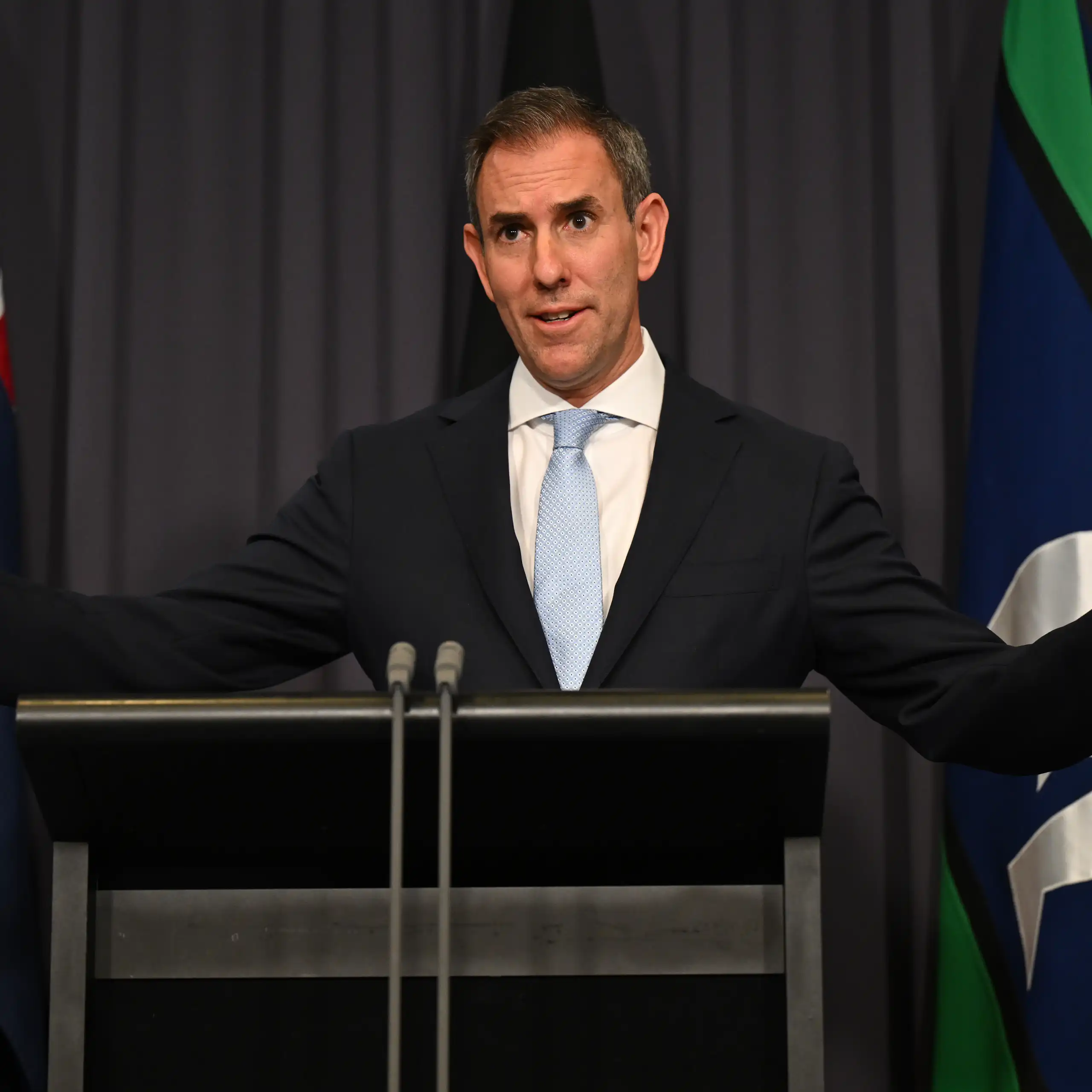 Australian Treasurer Jim Chalmers speaks to media