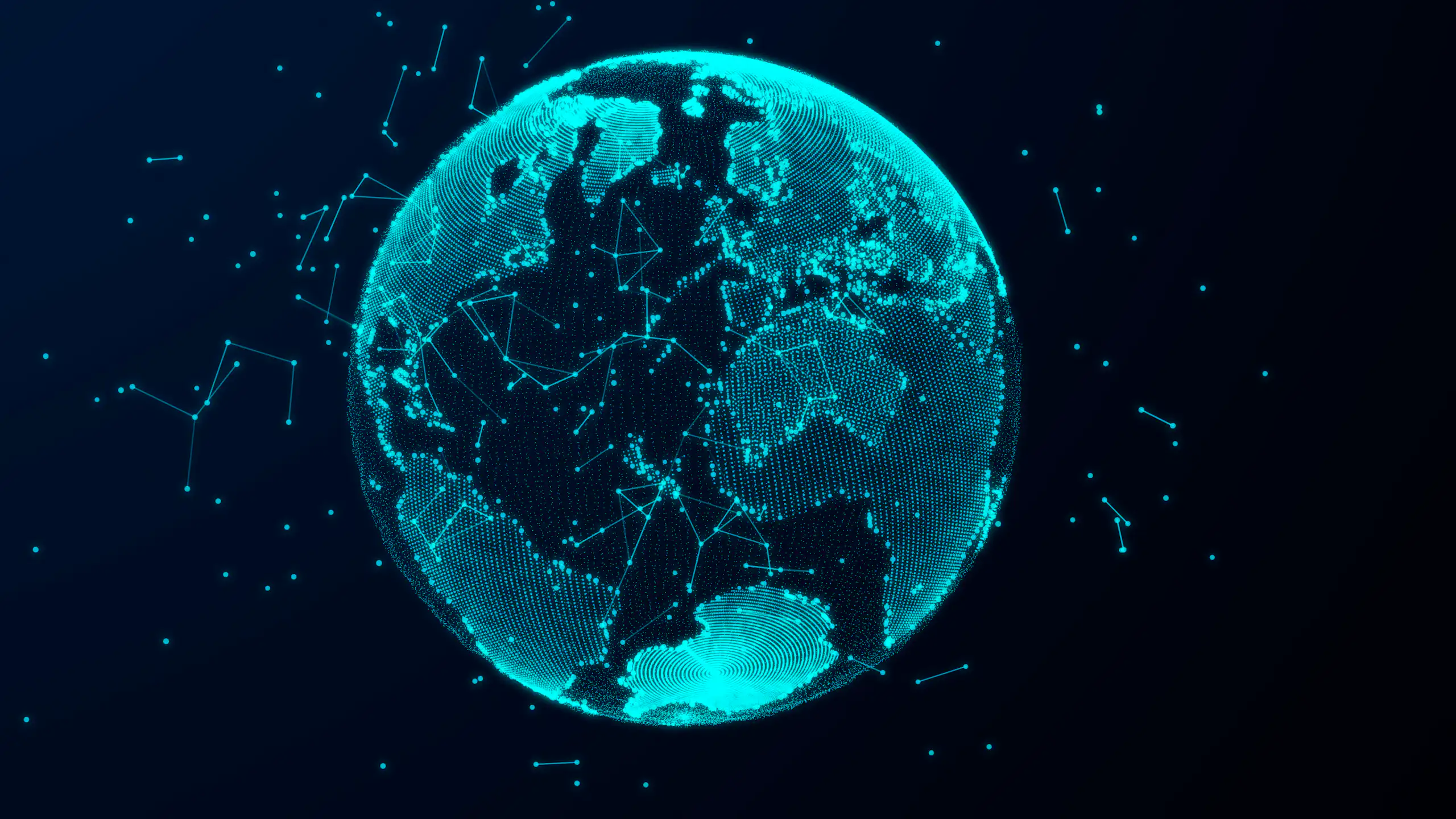A 3D rendering of the globe, with landmasses in blue light and connected by digital data points.