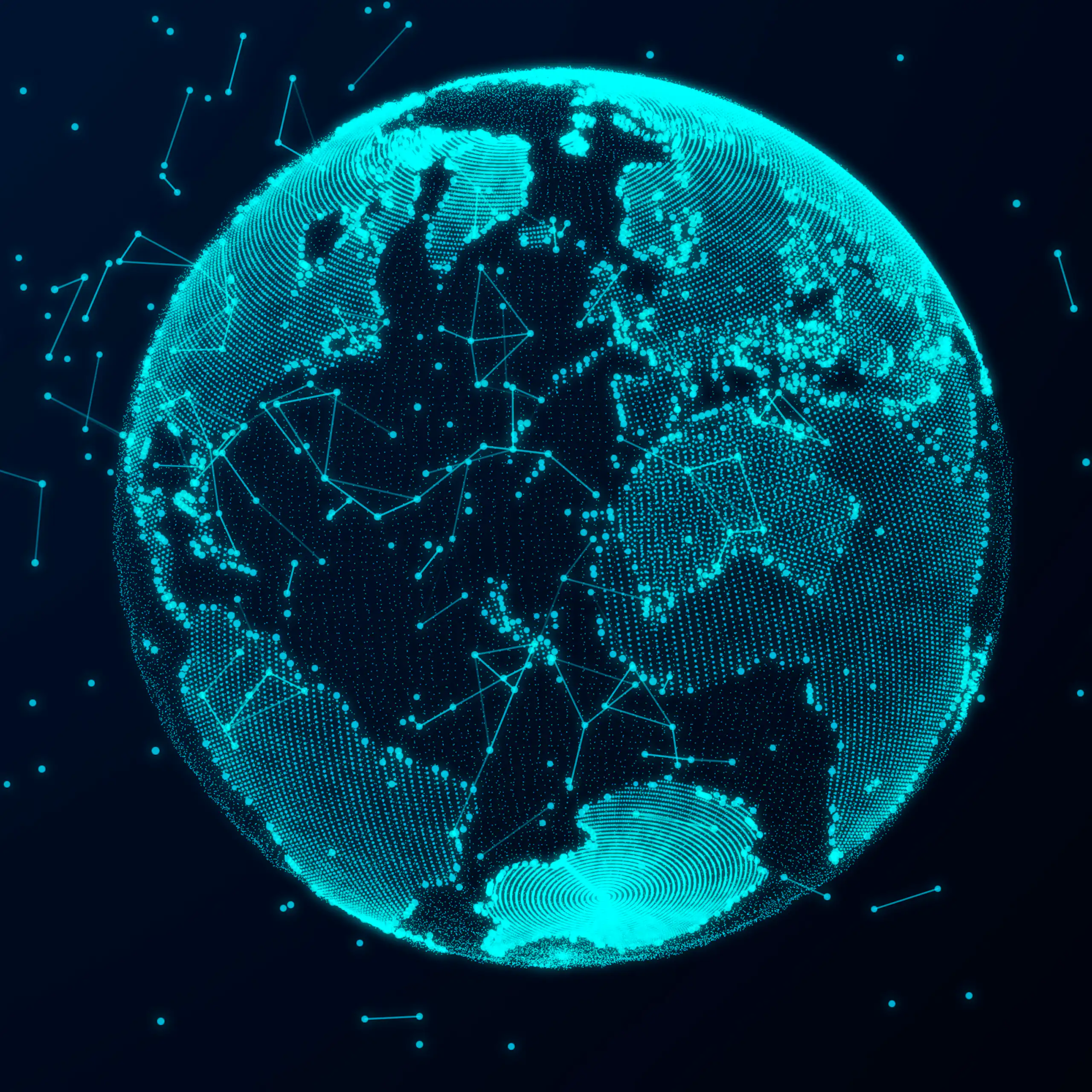 A 3D rendering of the globe, with landmasses in blue light and connected by digital data points.