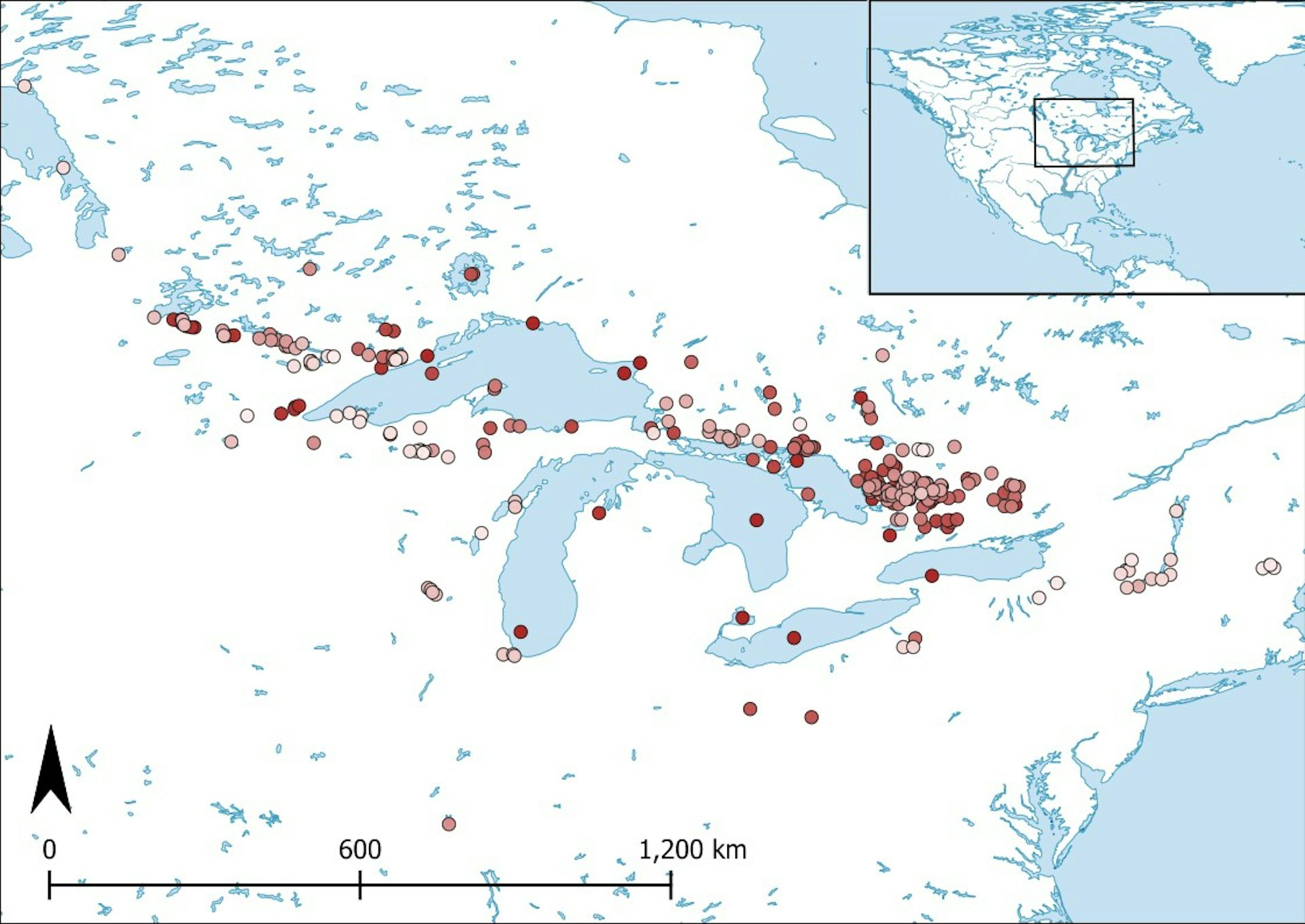 A white and blue map of the Great Lakes with red points marking records of the spiny water flea.