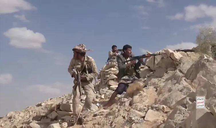 Fighters of Yemen's Houthi group fighting against Saudi-backed forces, in Al Jawf province, Yemen.