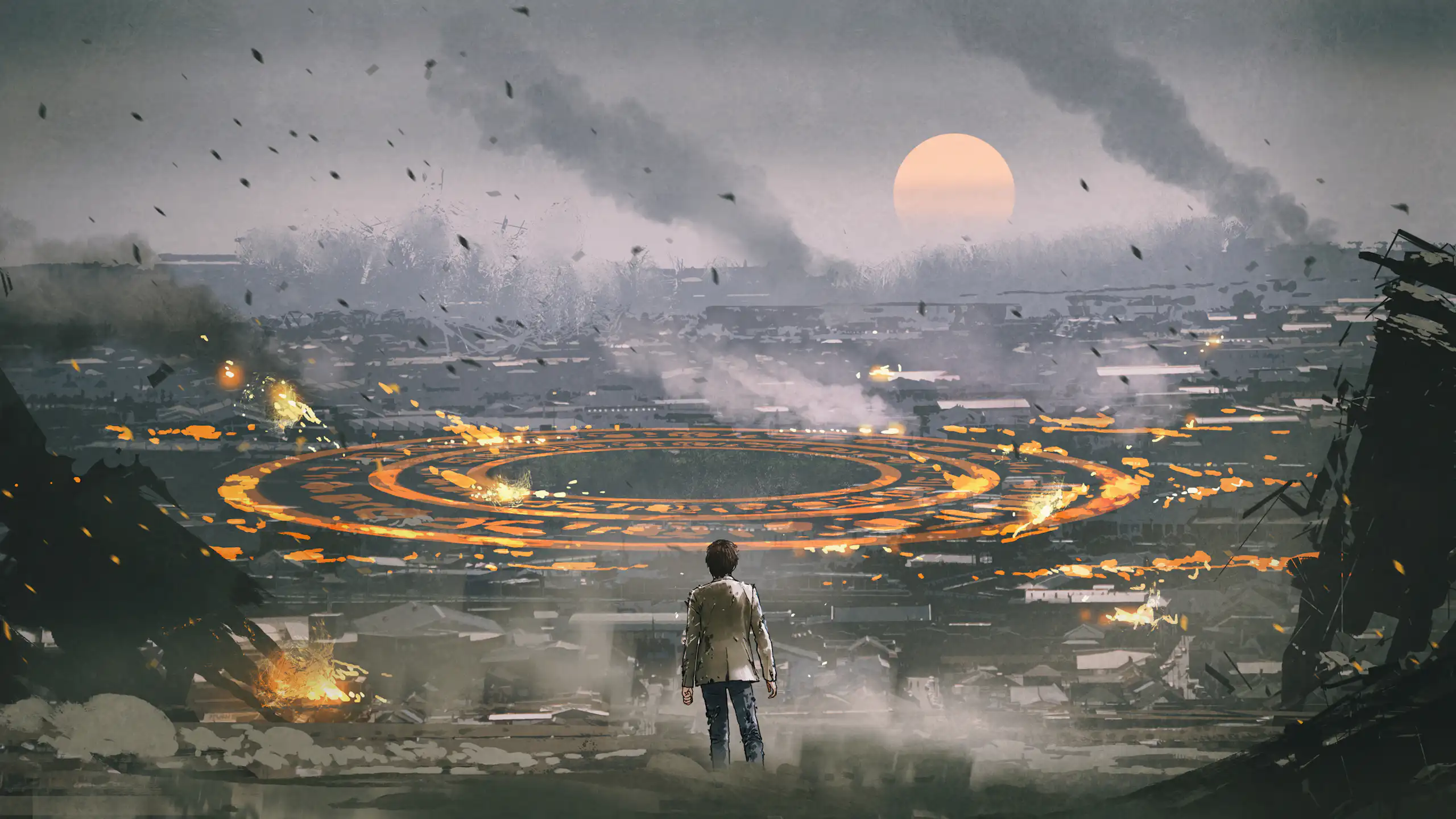 Artwork with apocalyptic themes with smoke in the background and a person looking on at the devastation.