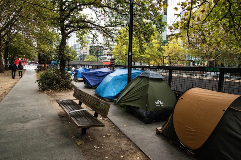 Tents of homeless people along Euston Road, London.