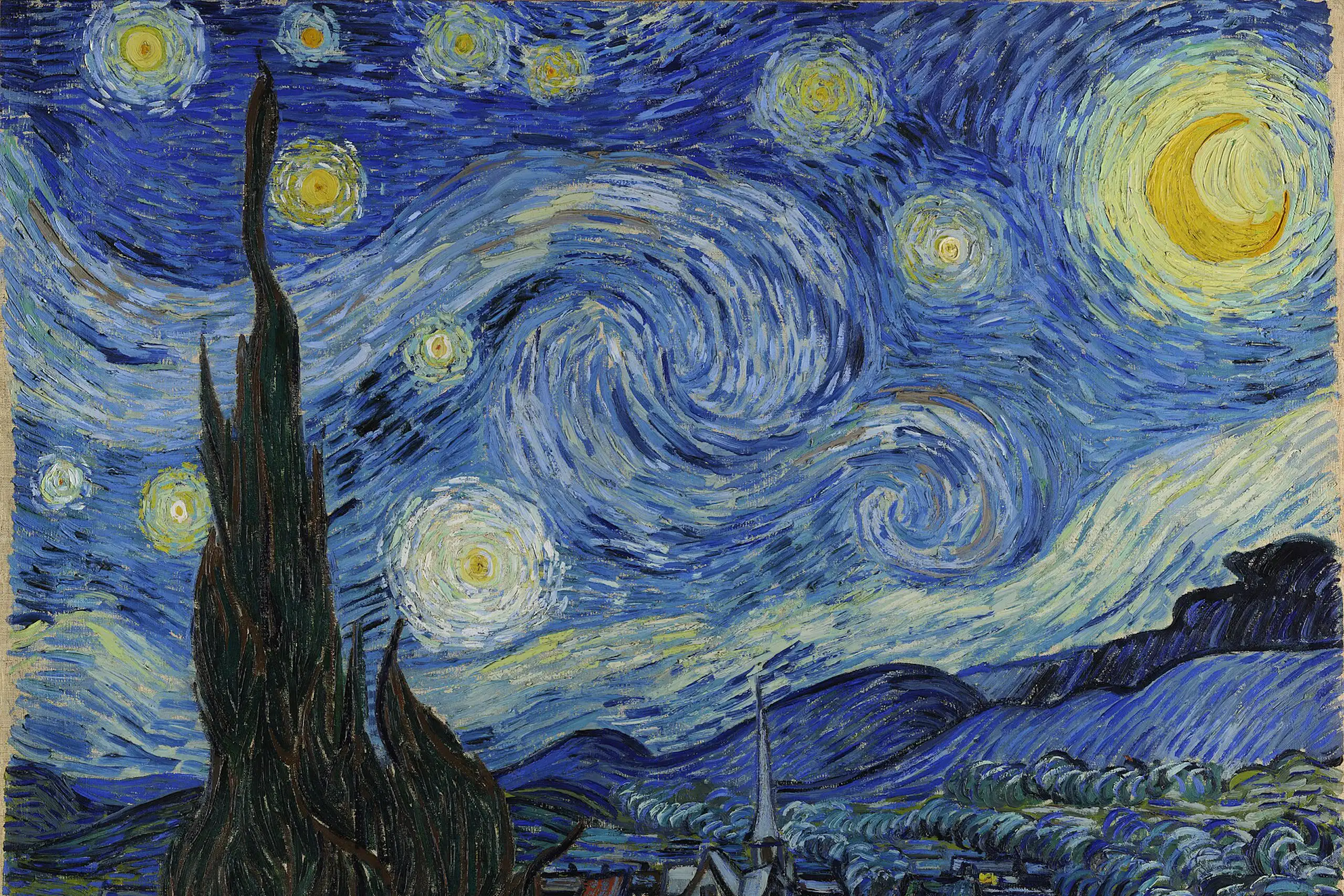 Tableau de Van Gogh où les étoiles forment des tourbillons dans le ciel de nuit.