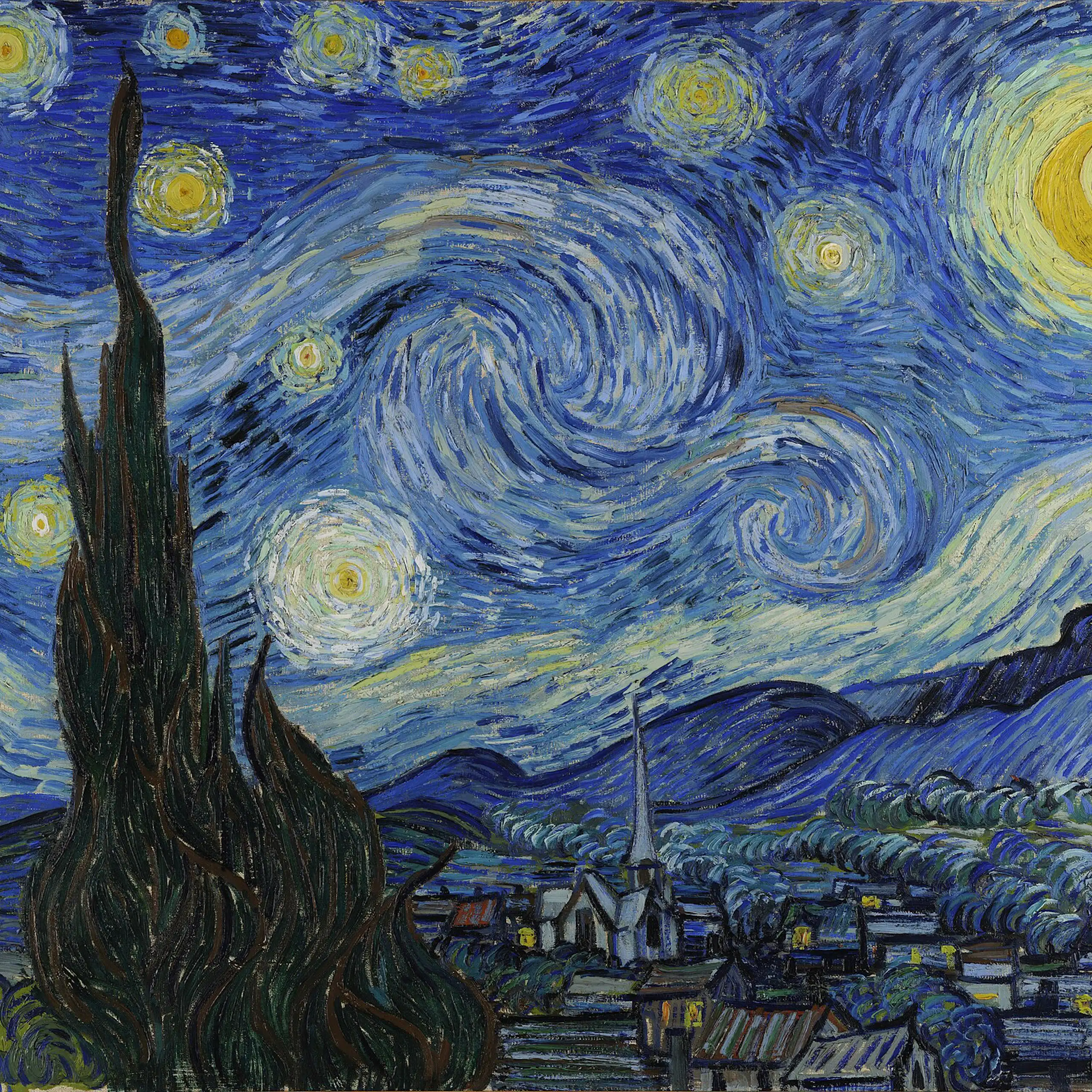 Tableau de Van Gogh où les étoiles forment des tourbillons dans le ciel de nuit.