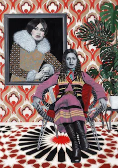 Painting of a woman seated in front of a portrait of herself.