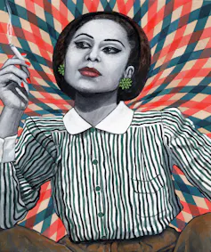 Portrait of a woman in a striped shirt smoking a cigarette