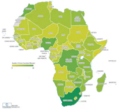 A map of Africa with countries shaded from light green to dark green depending on how many green transition minerals each has.
