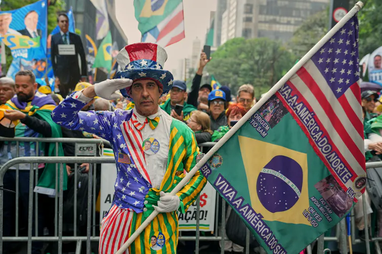 A demonstrator in a costume holds two flags.