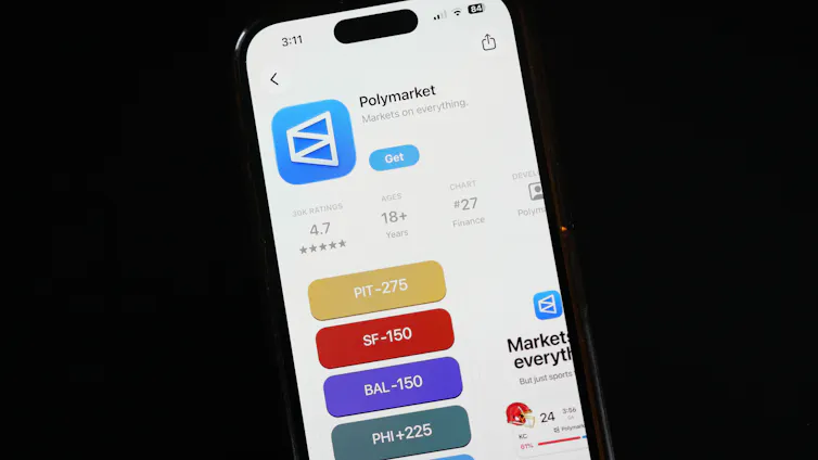 The prediction market app Polymarket is displayed on a mobile phone