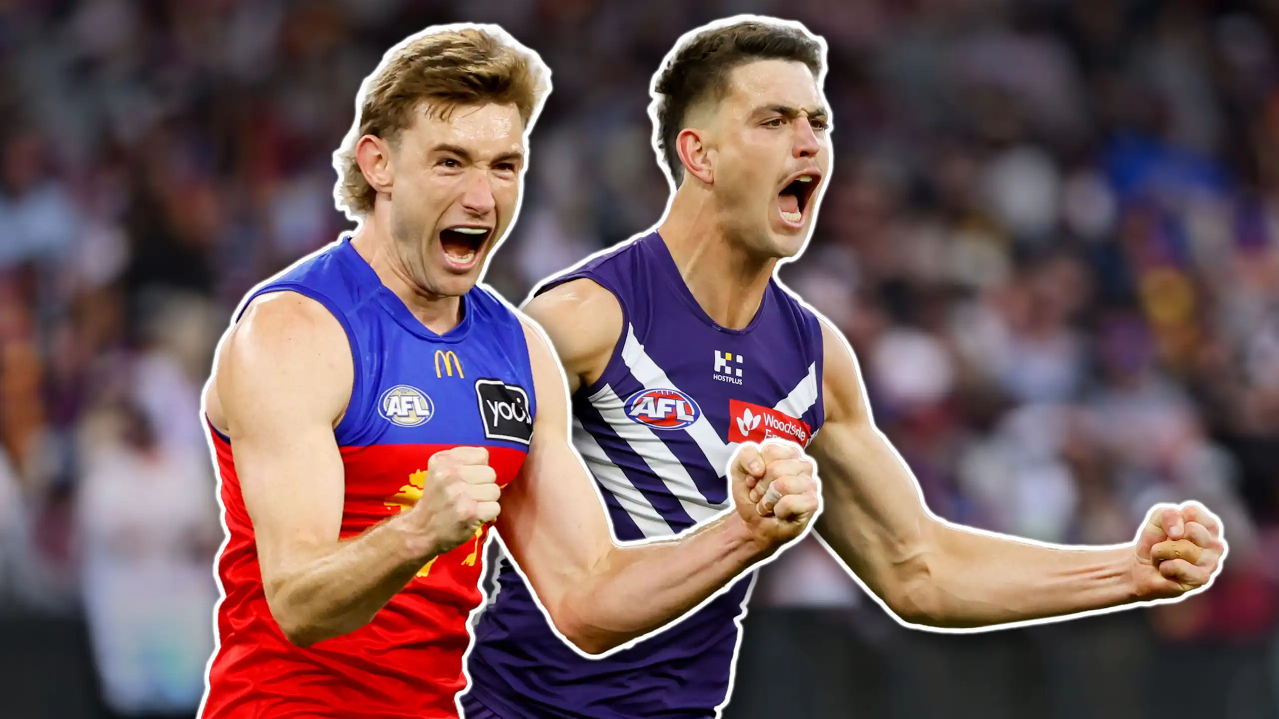A composite of Harris Andrews of the Lions and Patrick Voss of the Dockers.
