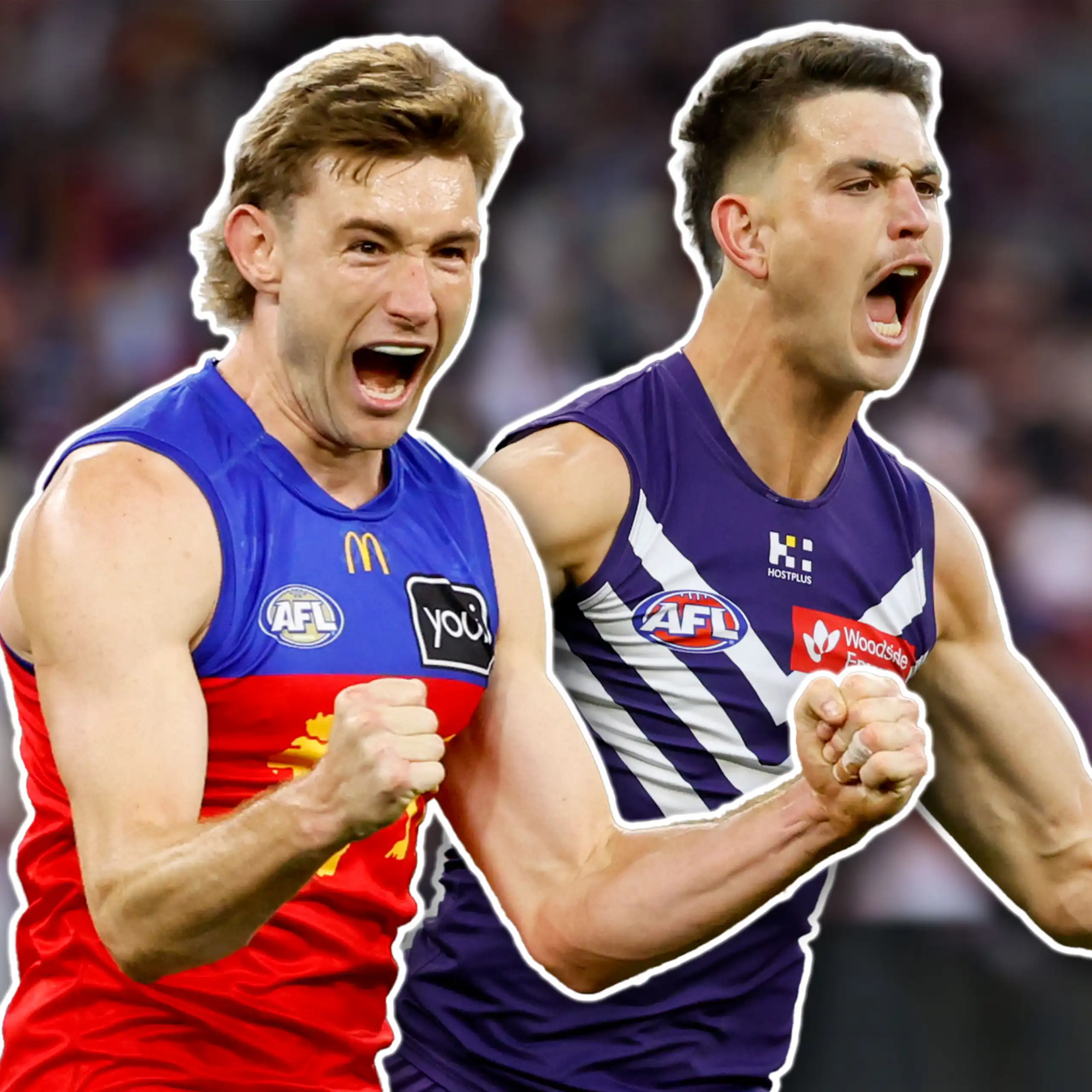 A composite of Harris Andrews of the Lions and Patrick Voss of the Dockers.