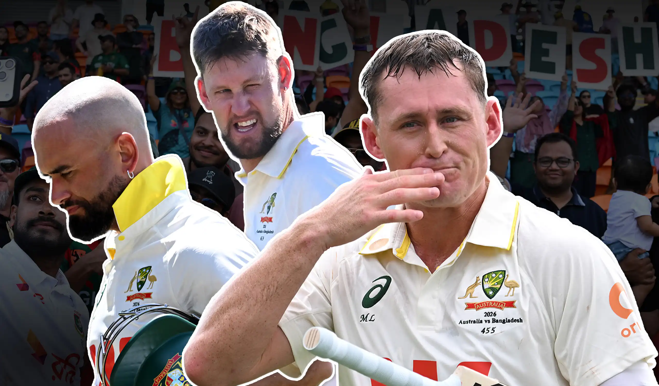 A composite image featuring Australian batsmen Jake Weatherald, Marnus Labuschagne and Beau Webster.