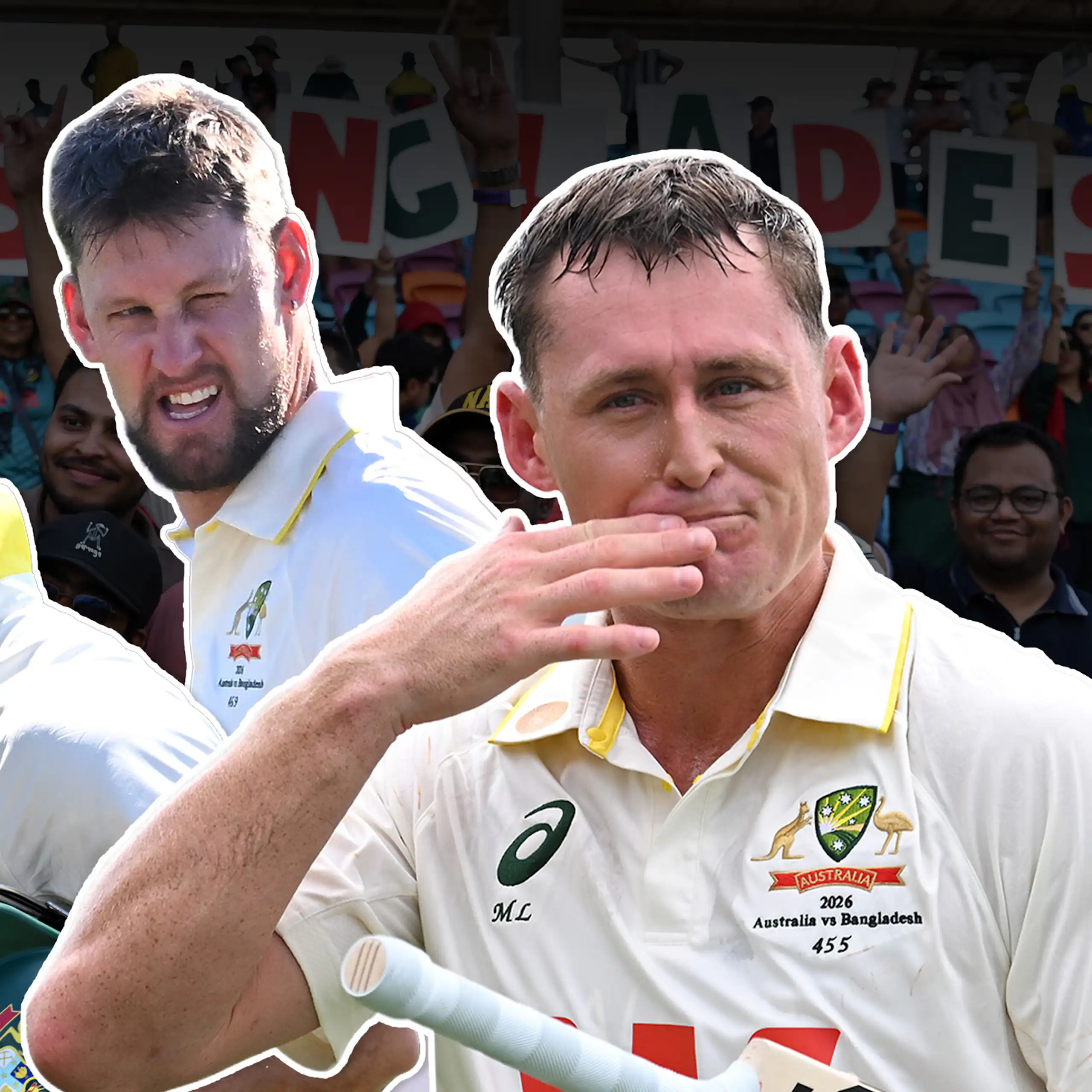 A composite image featuring Australian batsmen Jake Weatherald, Marnus Labuschagne and Beau Webster.