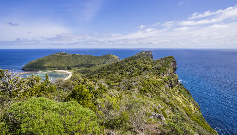 A scenic view of Lord Howe Island, with lush green vegetation surrounded by deep blue ocean.