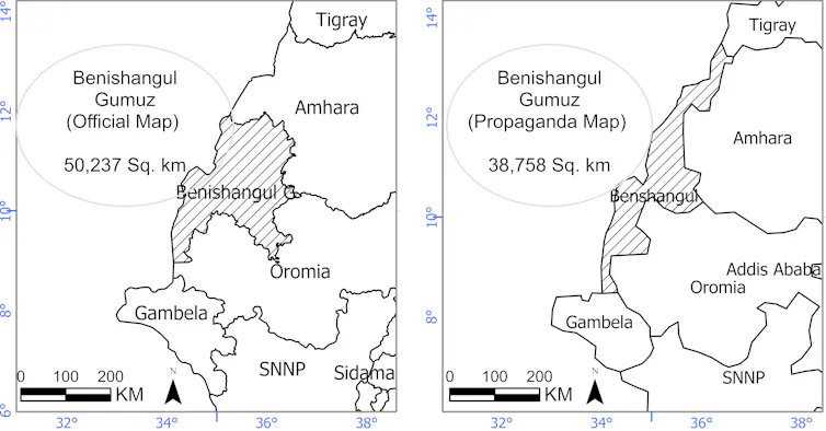 Two black and white maps side by side, a region shaded in that is different in the two maps