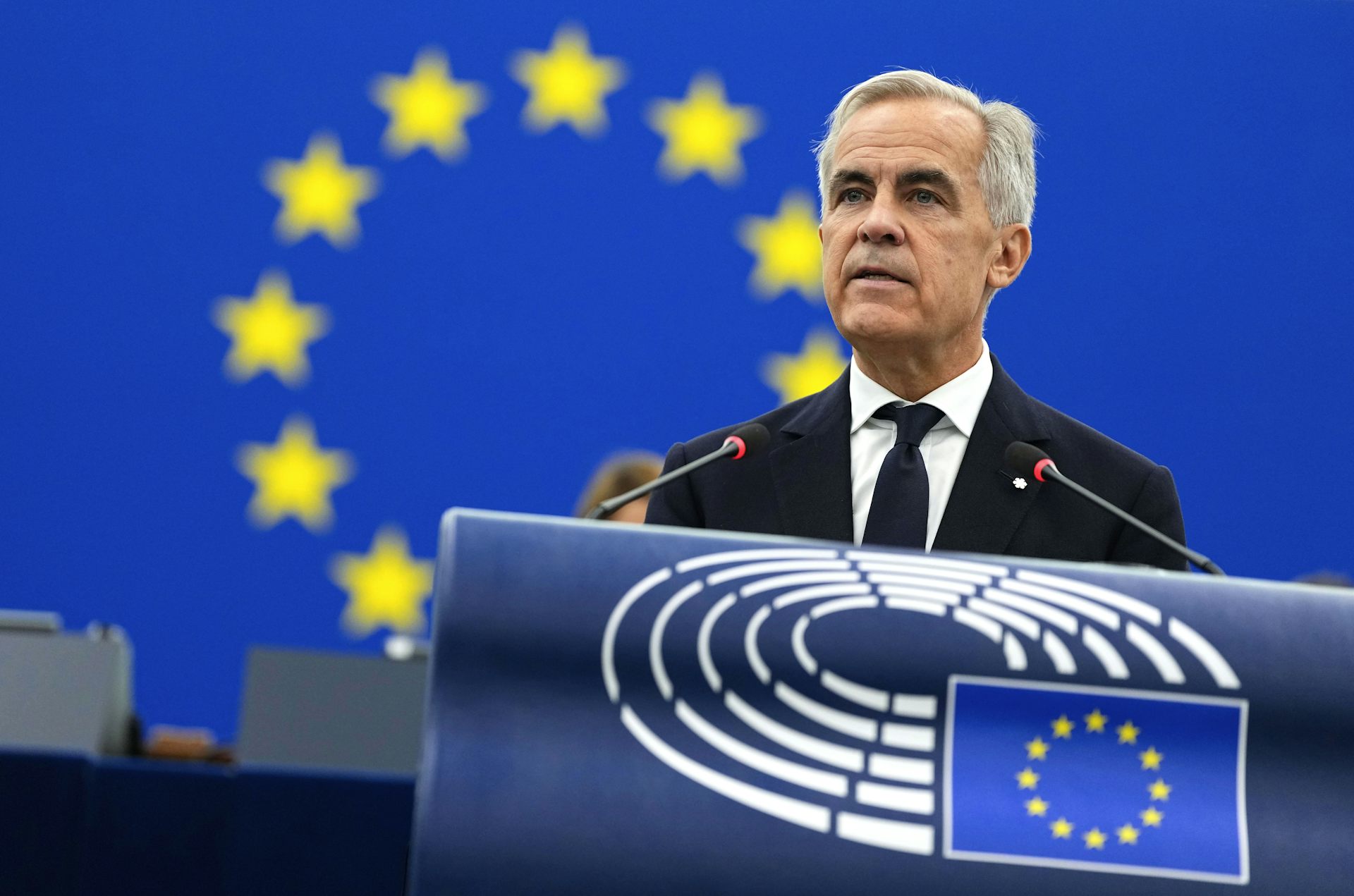 A slender man with short grey hair speaks at a lectern in front of the EU flag.
