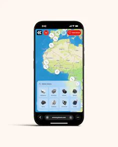 white background, mobile phone with pic of map and website