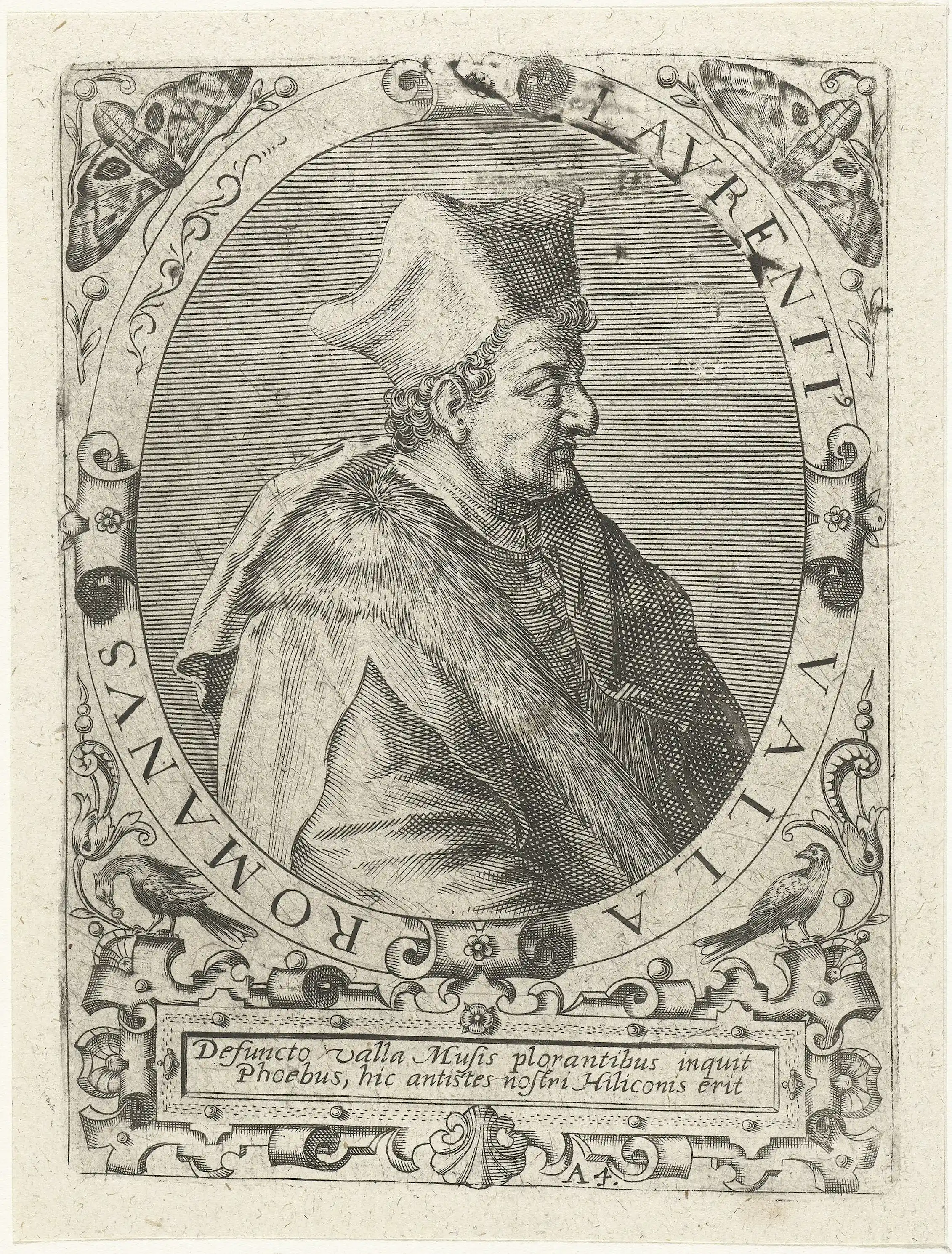 A black-and-white drawing of a man in heavy robes and a tall hat.