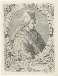 A black-and-white drawing of a man in heavy robes and a tall hat.