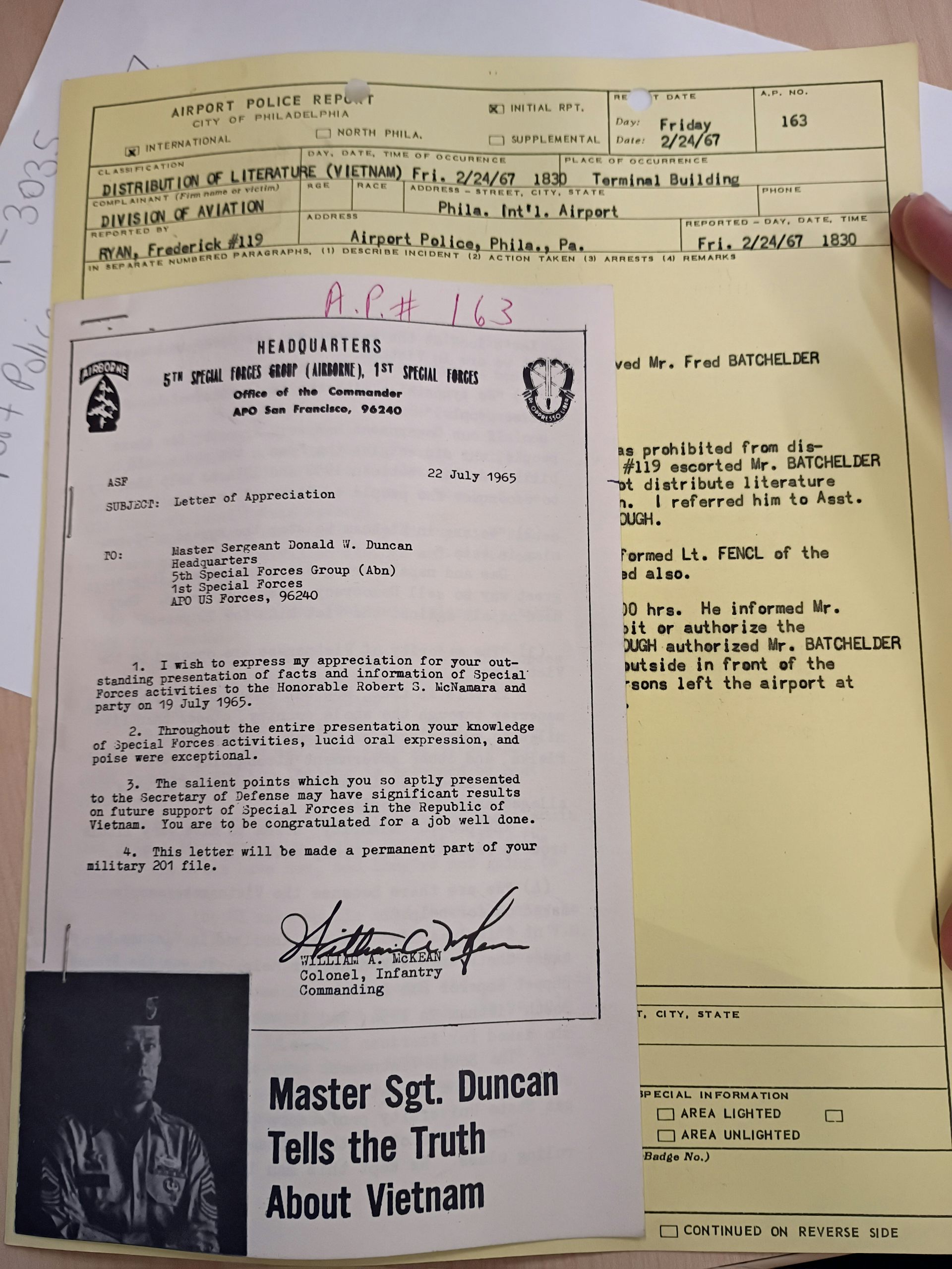 A yellow paper with typewritten notes and a white paper that says 'Master Sgt. Duncan Tells the Truth' attached on top