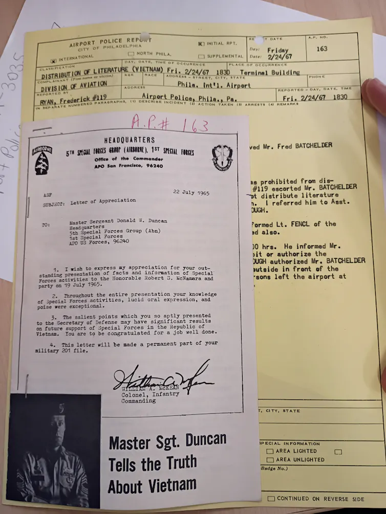 A yellow paper with typewritten notes and a white paper that says 'Master Sgt. Duncan Tells the Truth' attached on top