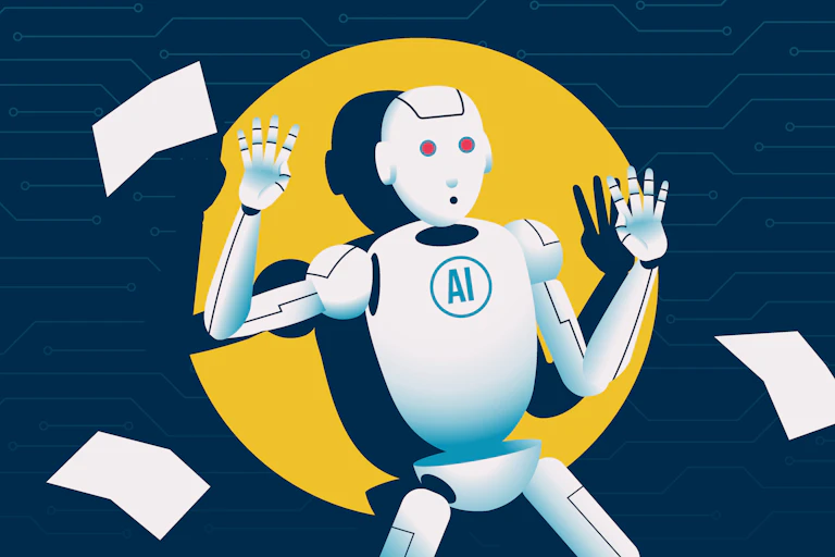 An illustration of a robot caught in a flashlight.
