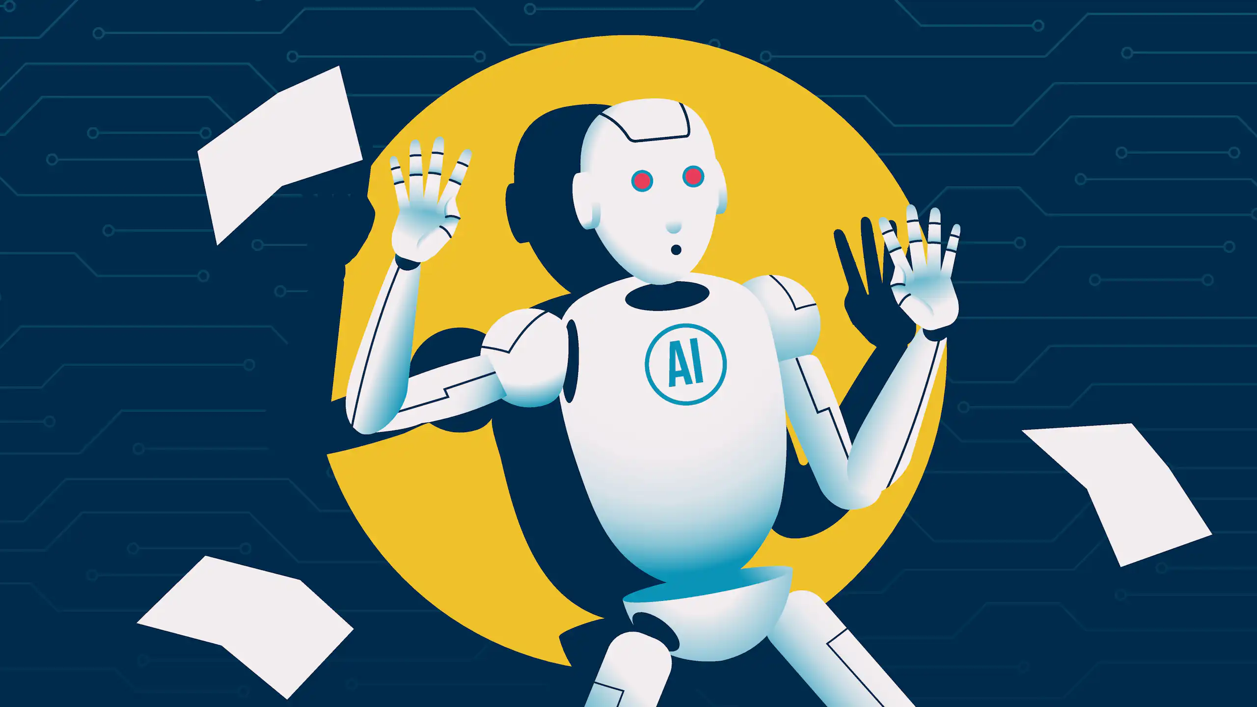 An illustration of a robot caught in a flashlight.