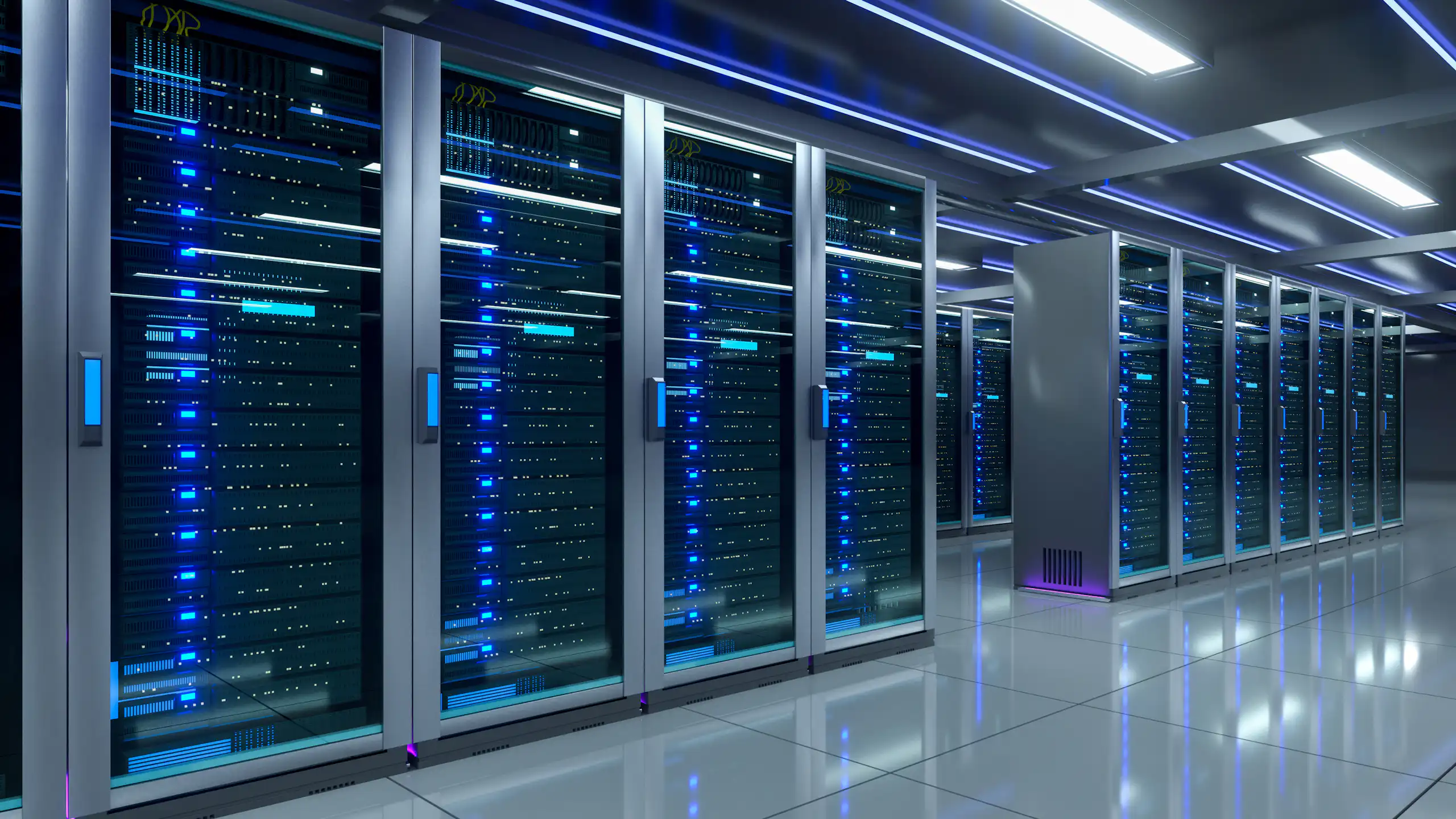 Rows of data servers showing blue lights