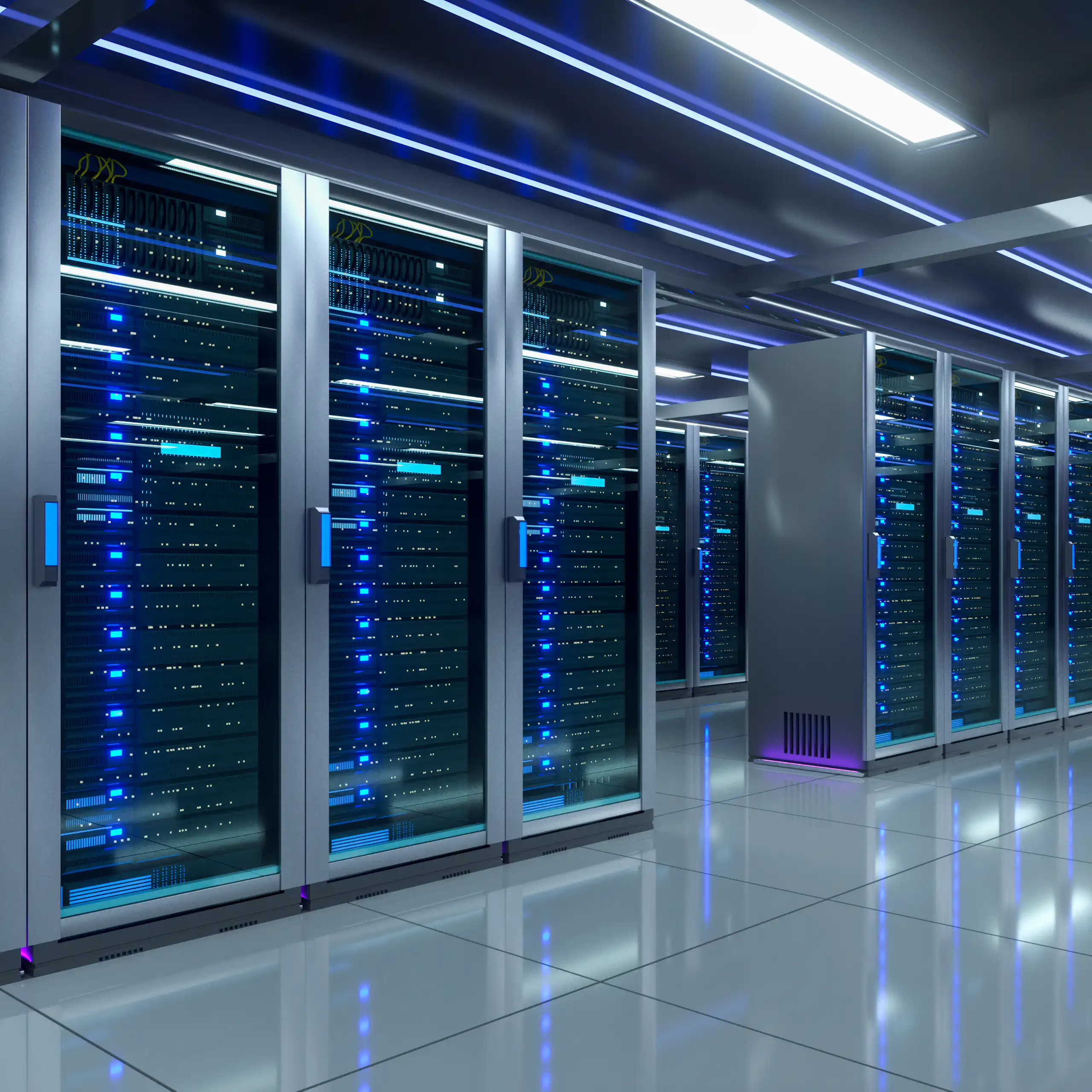 Rows of data servers showing blue lights
