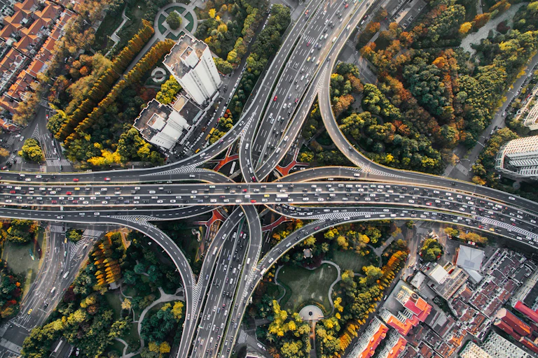 Aerial photo of a complex freeway junction
