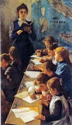 Pintura vertical de un grupo de niñas escribiendo en pupitres en una escuela.