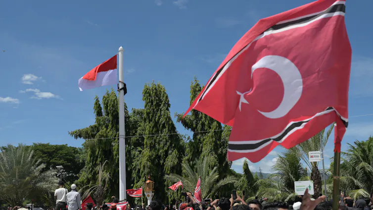 A flag with a crescent and red background flutters in the wind.