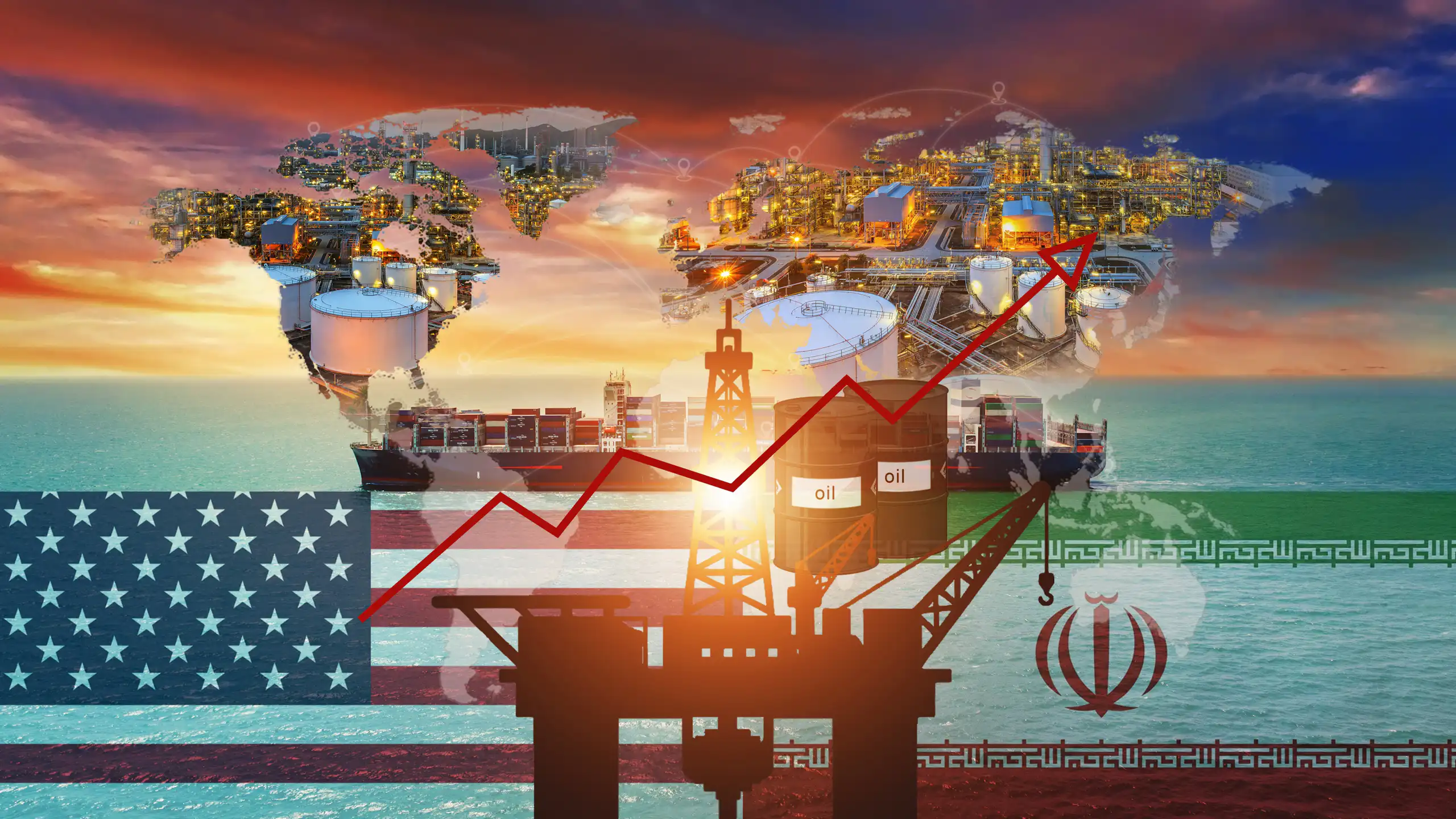 Création graphique : carte du monde sur fond de drapeaux états-unien et iranien, une courbe ascendante et un puits de forage de pétrole, les réseaux d'électrification des continents…