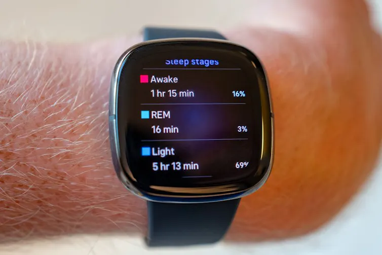 A wrist with a sleep tracking device showing a sleep score.