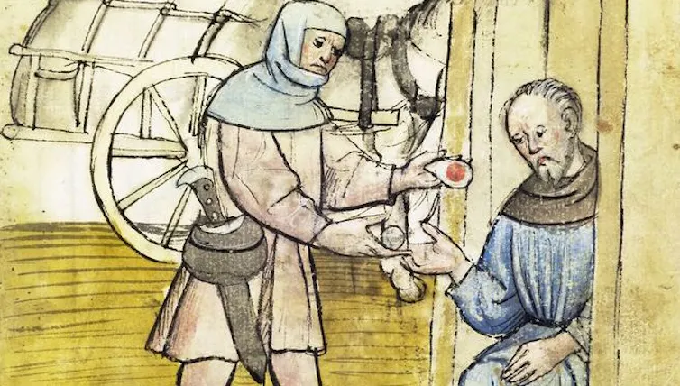 A tax collector receives money from a sad looking taxpayer, 15th century.