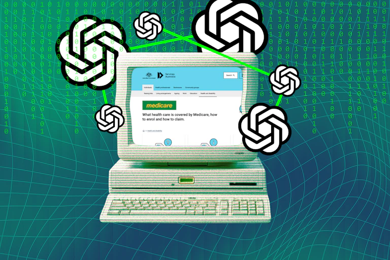 OpenAI logos and a computer with the Services Australia medicare website