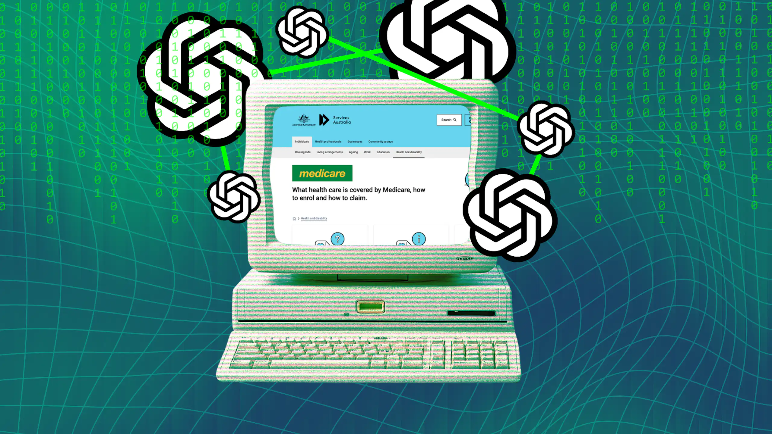 OpenAI logos and a computer with the Services Australia medicare website